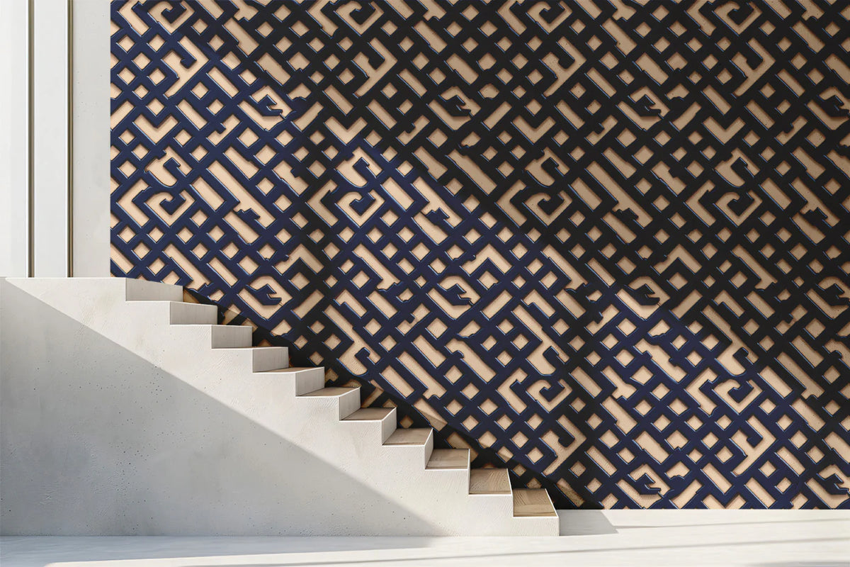 Navy Lattice Geometric Mural Wallpaper — Moroccan Inspired Decor Mural Wallpaper - room preview 02