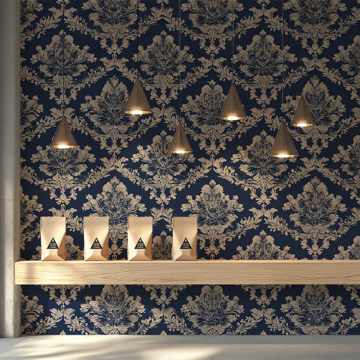 Navy Blue Damask Mural Wallpaper — Classic Victorian Pattern Mural Wallpaper - room preview 02