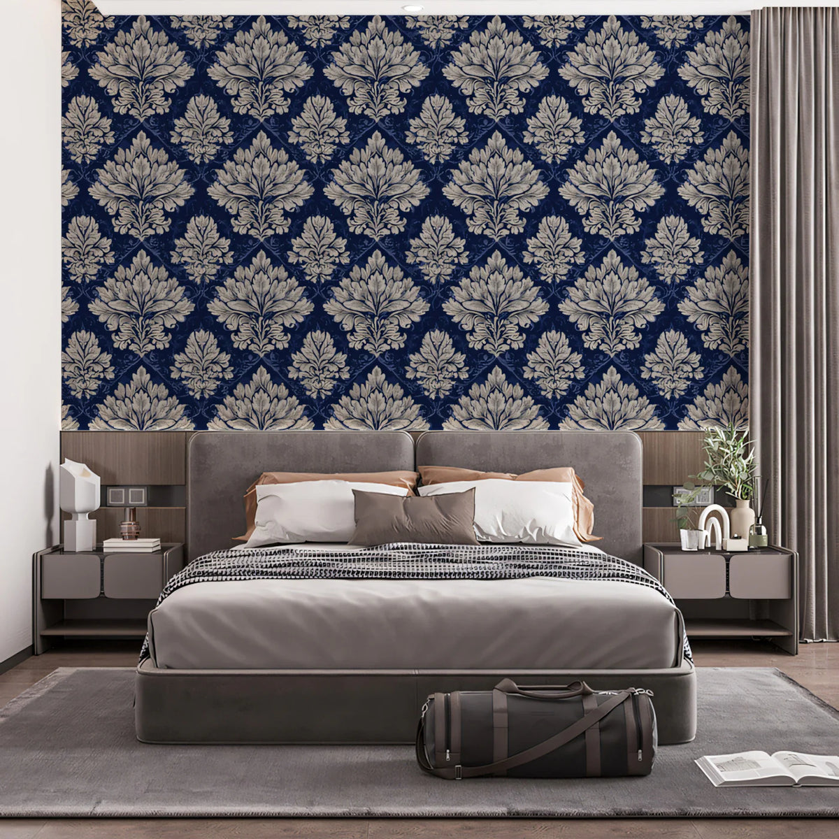 Royal Damask Navy and Silver Mural Wallpaper — Classic Victorian Mural Wallpaper - room preview 02