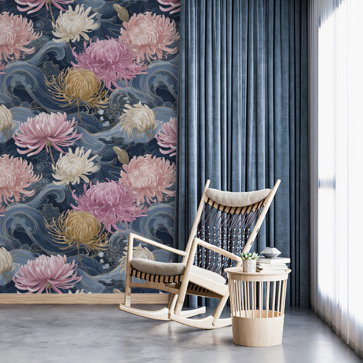 Japanese Chrysanthemum and Wave Mural Wallpaper — Navy and Pink Mural Wallpaper - room preview 02