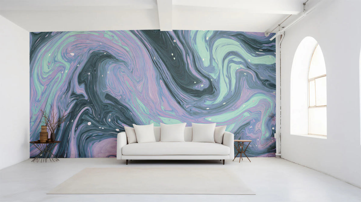 Teal and Lavender Swirl Mural Wallpaper — Modern Fluid Art Mural Wallpaper - room preview 02