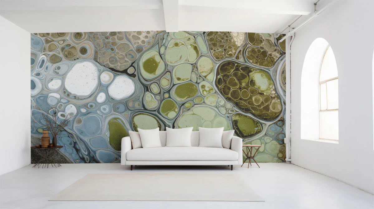 Fluid Cell Abstract Mural Wallpaper — Sage and Slate Organic Decor Mural Wallpaper - room preview 02