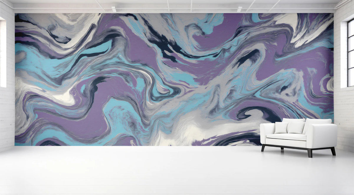 Fluid Marble Mural Wallpaper — Artistic Purple and Teal Abstract Mural Wallpaper - room preview 02