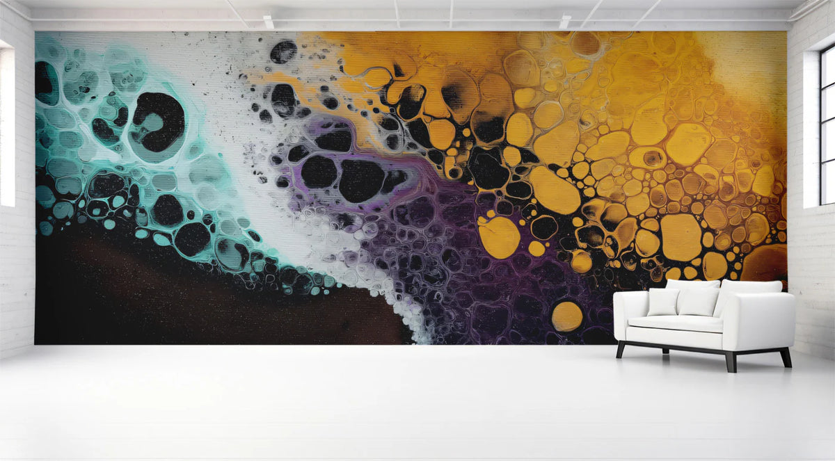 Fluid Teal and Gold Cell Mural Wallpaper — Modern Abstract Design Mural Wallpaper - room preview 02