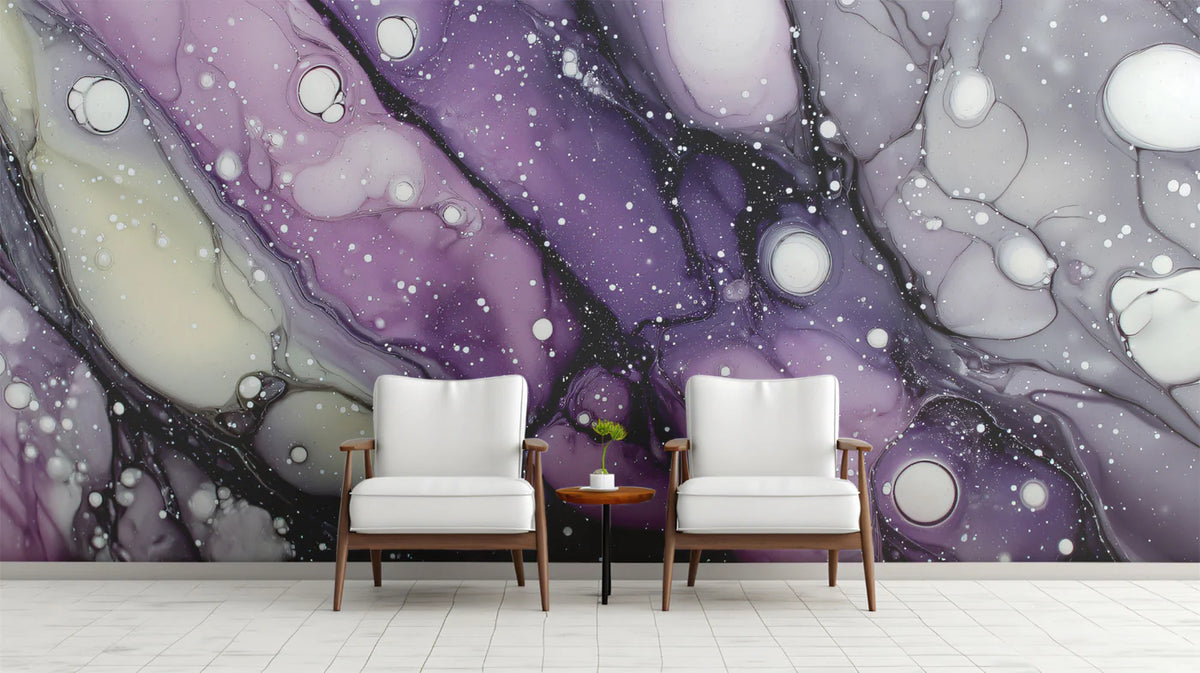 Cosmic Fluid Art Mural Wallpaper in Deep Purple and Cream Mural Wallpaper - room preview 02