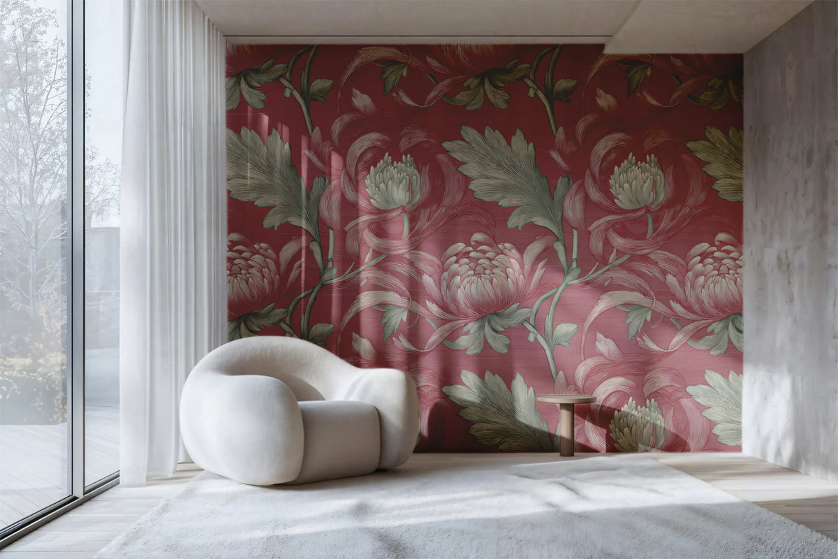 Vintage Chrysanthemum Mural Wallpaper — Ornate Botanical Bloom Mural Wallpaper - room preview 02
