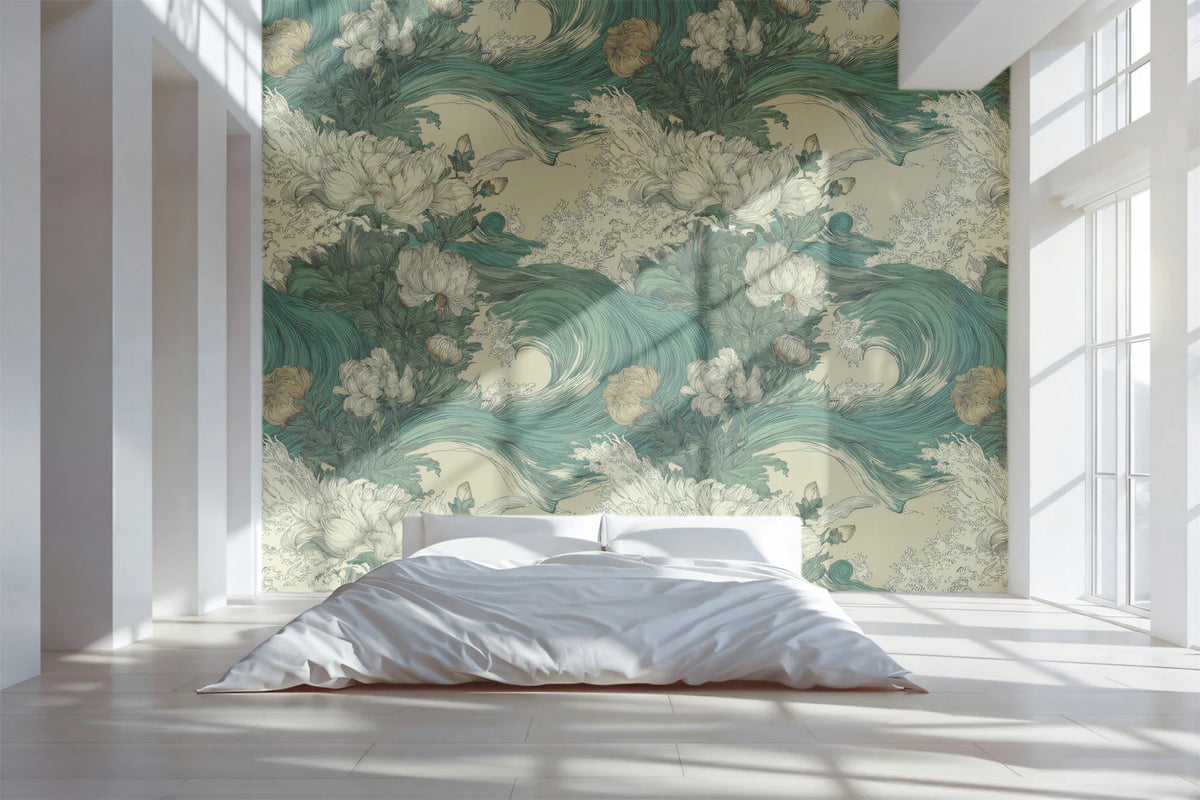 Japanese Wave and Peony Mural Wallpaper — Artistic Chinoiserie Mural Wallpaper - room preview 02