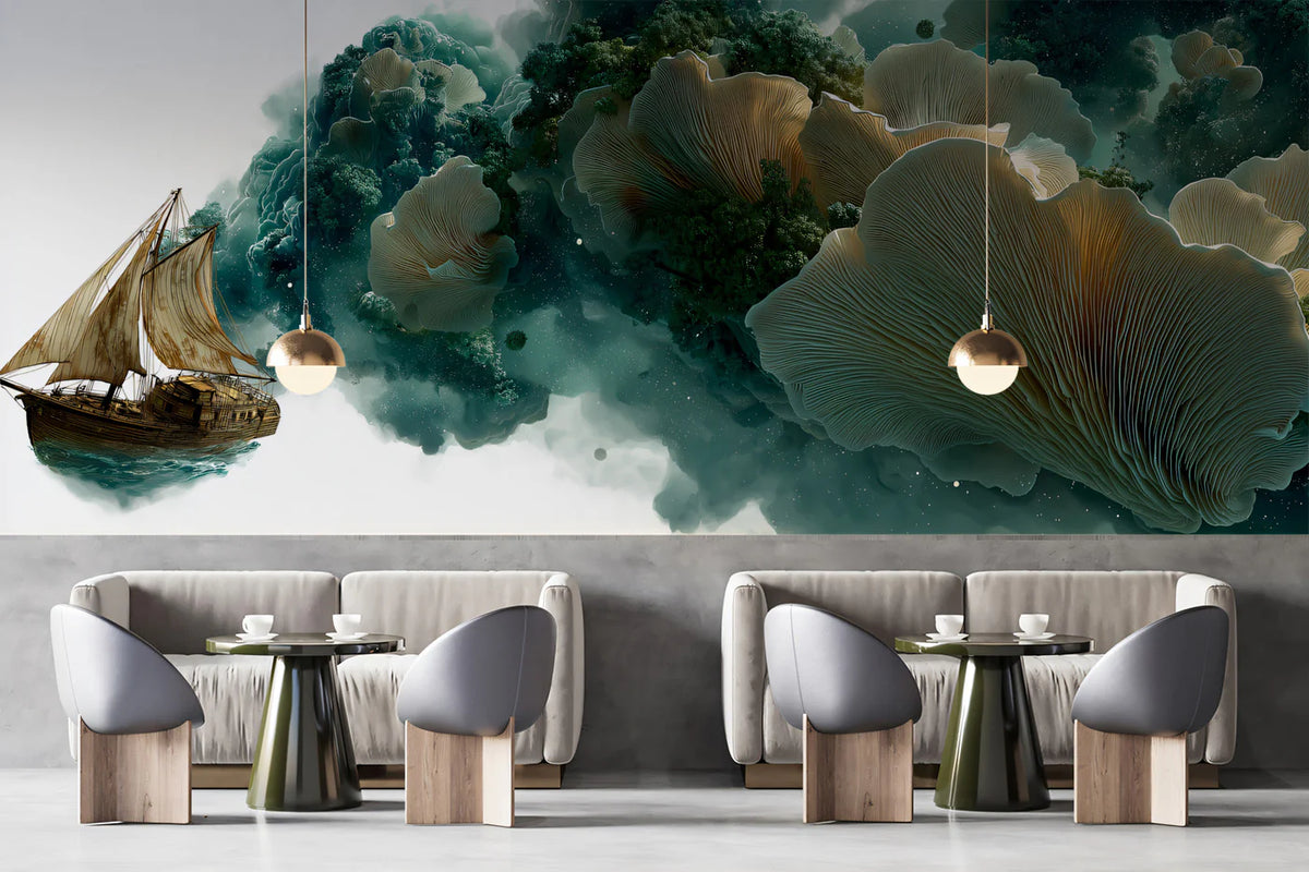Surreal Sailing Ship Mural Wallpaper — Whimsical Fantasy Ocean Mural Wallpaper - room preview 02