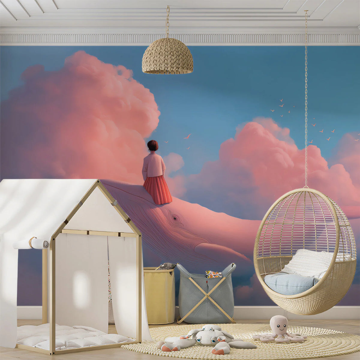 Girl Riding Whale Mural Wallpaper — Whimsical Sky Fantasy Mural Mural Wallpaper - room preview 02