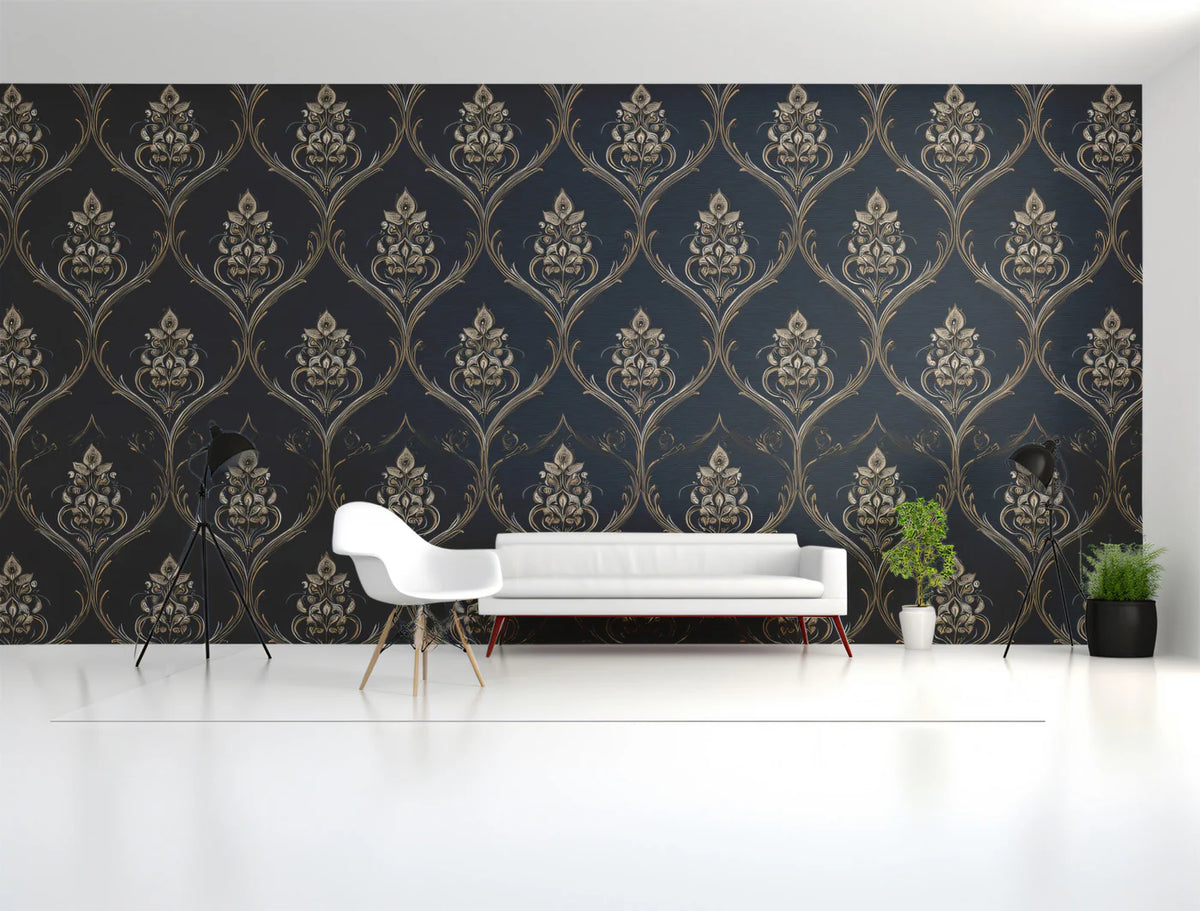 Midnight Baroque Damask Mural Wallpaper — Ornate Heritage Pattern Mural Wallpaper - room preview 02