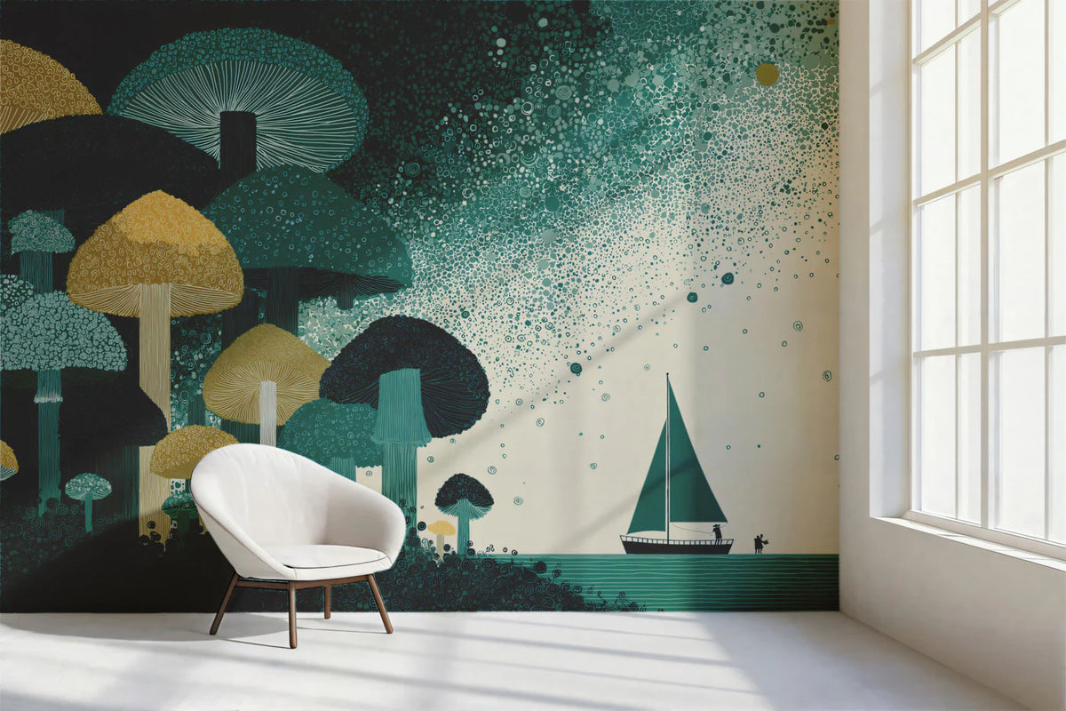Mushroom Forest and Sailboat Mural Wallpaper — Whimsical Decor Mural Wallpaper - room preview 02
