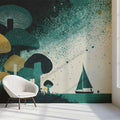 Mushroom Forest and Sailboat Mural Wallpaper — Whimsical Decor Mural Wallpaper - room preview 02