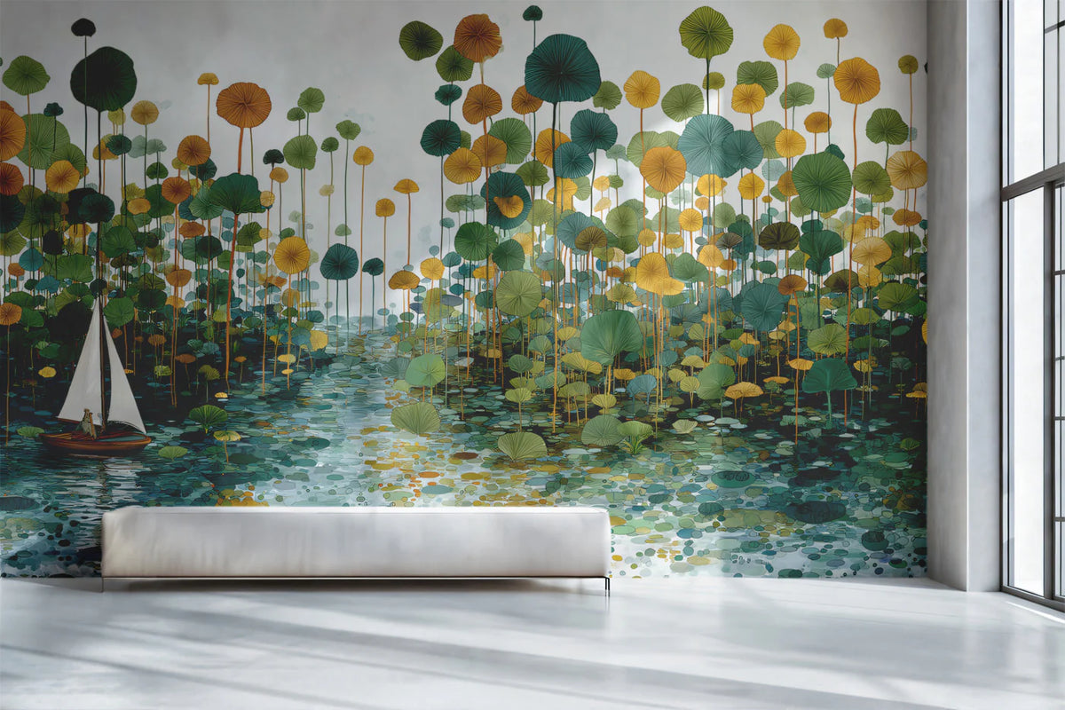 Sailboat and Marsh Flora Mural Wallpaper in Teal and Ochre Mural Wallpaper - room preview 02