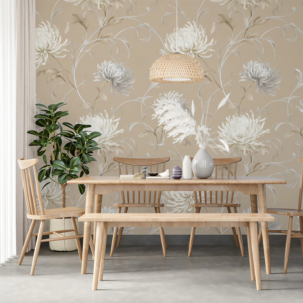 Silver Chrysanthemum Swirl Mural Wallpaper in Warm Beige Mural Wallpaper - room preview 02
