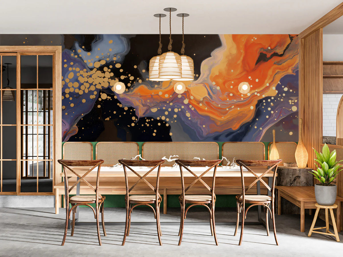 Fluid Abstract Mural Wallpaper with Gold Accents — Modern Art Wall Mural Wallpaper - room preview 02