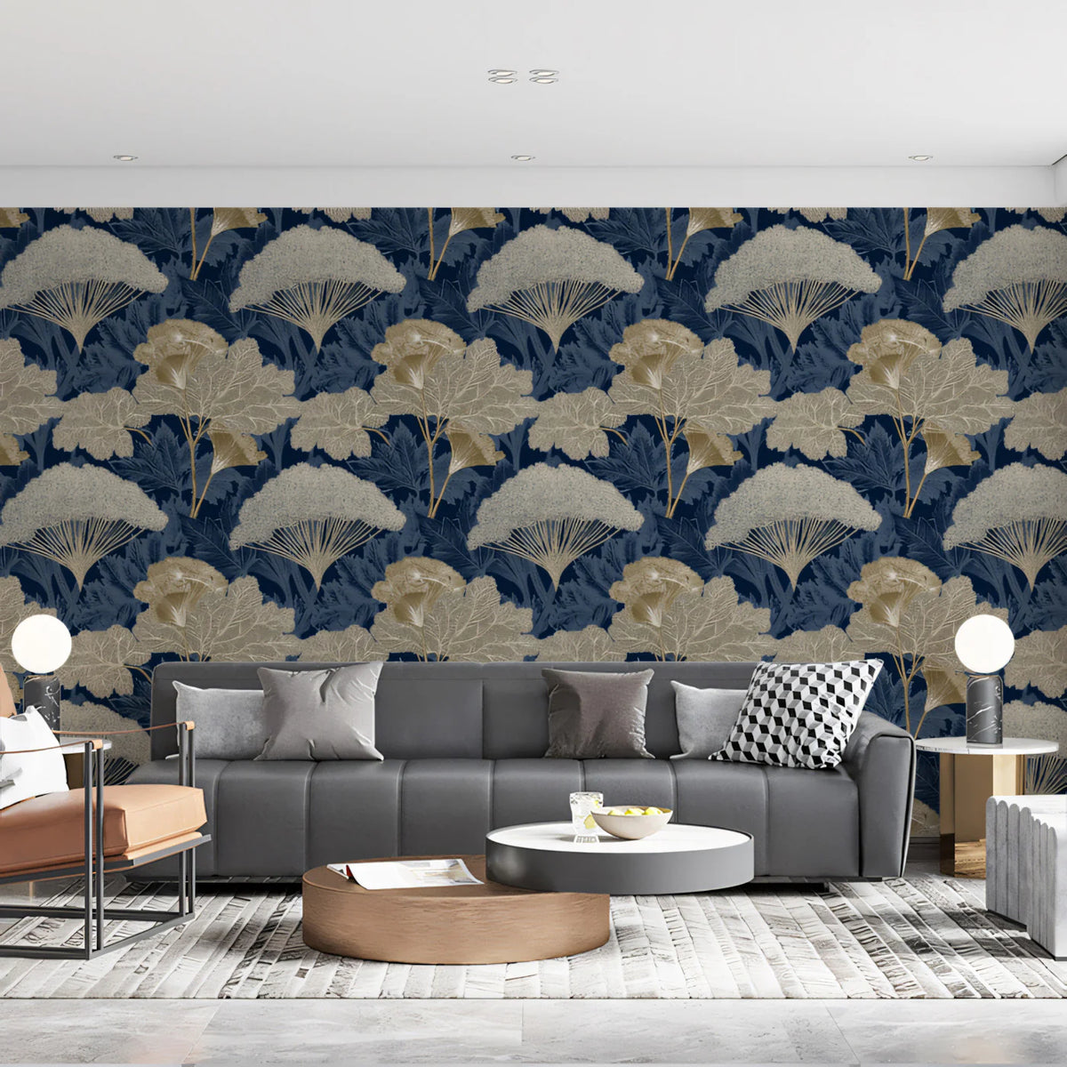 Stylized Fern and Botanical Mural Wallpaper — Midnight Blue & Gold Mural Wallpaper - room preview 02