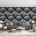 Stylized Fern and Botanical Mural Wallpaper — Midnight Blue & Gold Mural Wallpaper - room preview 02