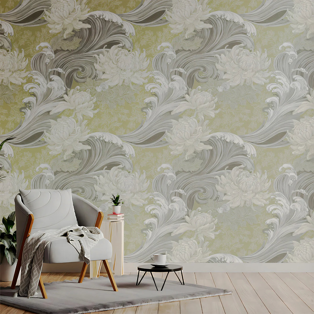 Japanese Wave and Chrysanthemum Mural Wallpaper — Sage Green Mural Wallpaper - room preview 02