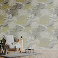 Japanese Wave and Chrysanthemum Mural Wallpaper — Sage Green Mural Wallpaper - room preview 02