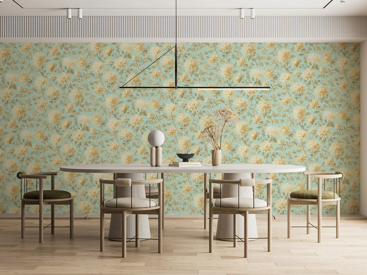 Cream Chrysanthemum Mural Wallpaper — Vintage Botanical Garden Mural Wallpaper - room preview 02