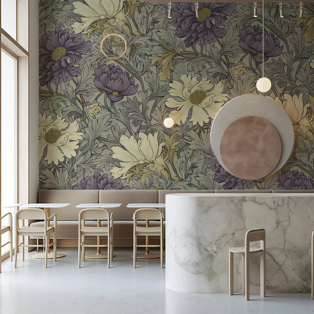 Vintage Chrysanthemum Floral Mural Wallpaper — Traditional Botanical Mural Wallpaper - room preview 02