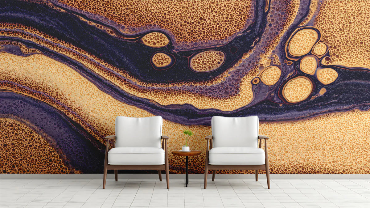 Fluid Cell Abstract Mural Wallpaper — Deep Gold and Purple Swirls Mural Wallpaper - room preview 02