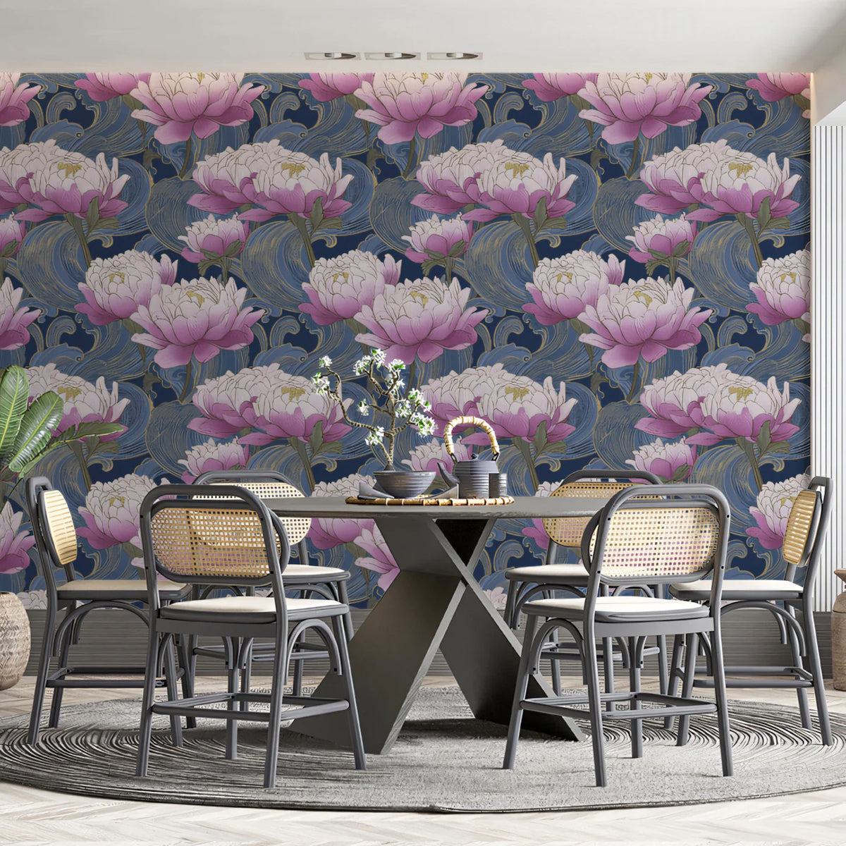 Chinoiserie Lotus Wave Mural Wallpaper — Artistic Floral Decor Mural Wallpaper - room preview 02