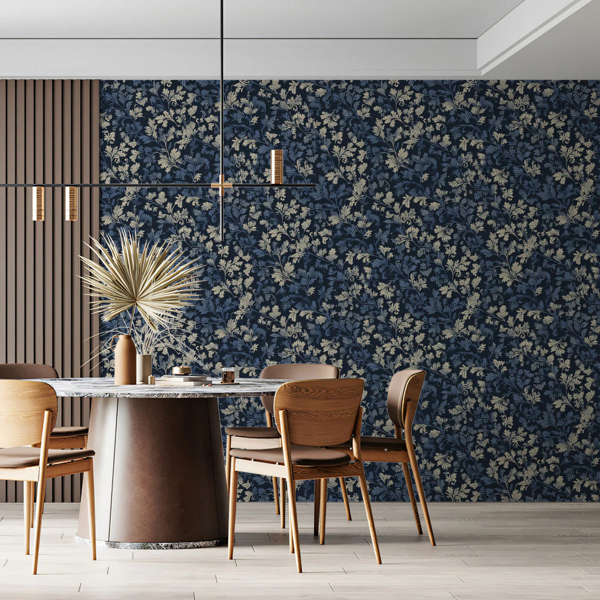 Vintage Botanical Leaf Mural Wallpaper — Moody Navy and Cream Mural Wallpaper - room preview 02