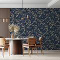 Vintage Botanical Leaf Mural Wallpaper — Moody Navy and Cream Mural Wallpaper - room preview 02