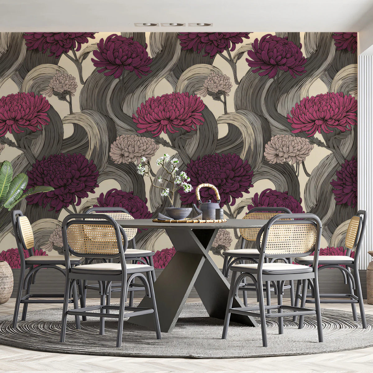 Stylized Chrysanthemum Floral Mural Wallpaper — Artistic Grey Swirls Mural Wallpaper - room preview 02