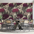 Stylized Chrysanthemum Floral Mural Wallpaper — Artistic Grey Swirls Mural Wallpaper - room preview 02