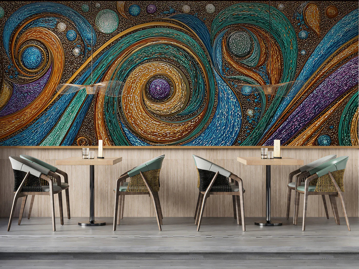 Abstract Swirl Mural Wallpaper — Ornate Teal and Metallic Gold Mural Wallpaper - room preview 02