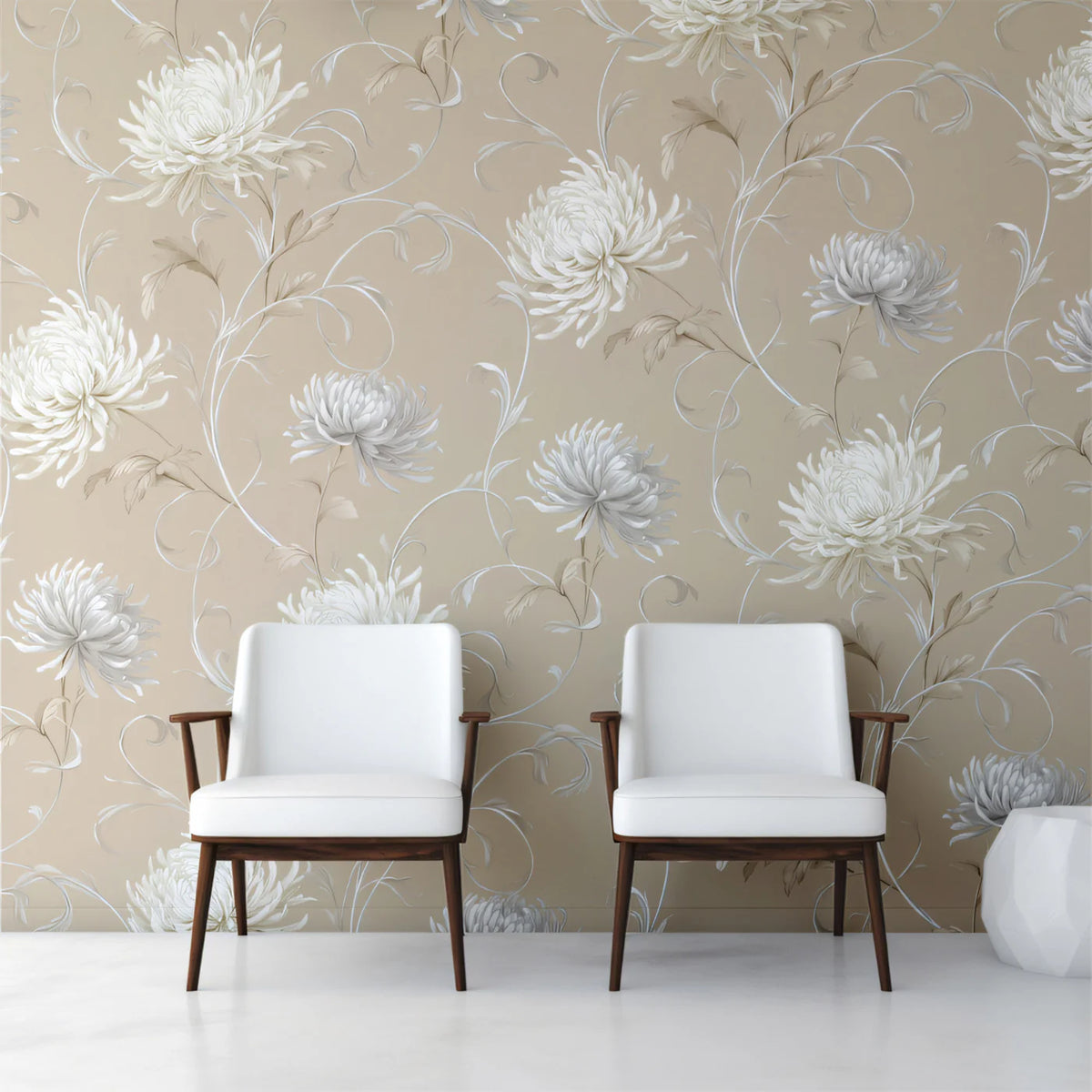 Cream Chrysanthemum Floral Mural Wallpaper — Traditional Botanical Mural Wallpaper - room preview 02