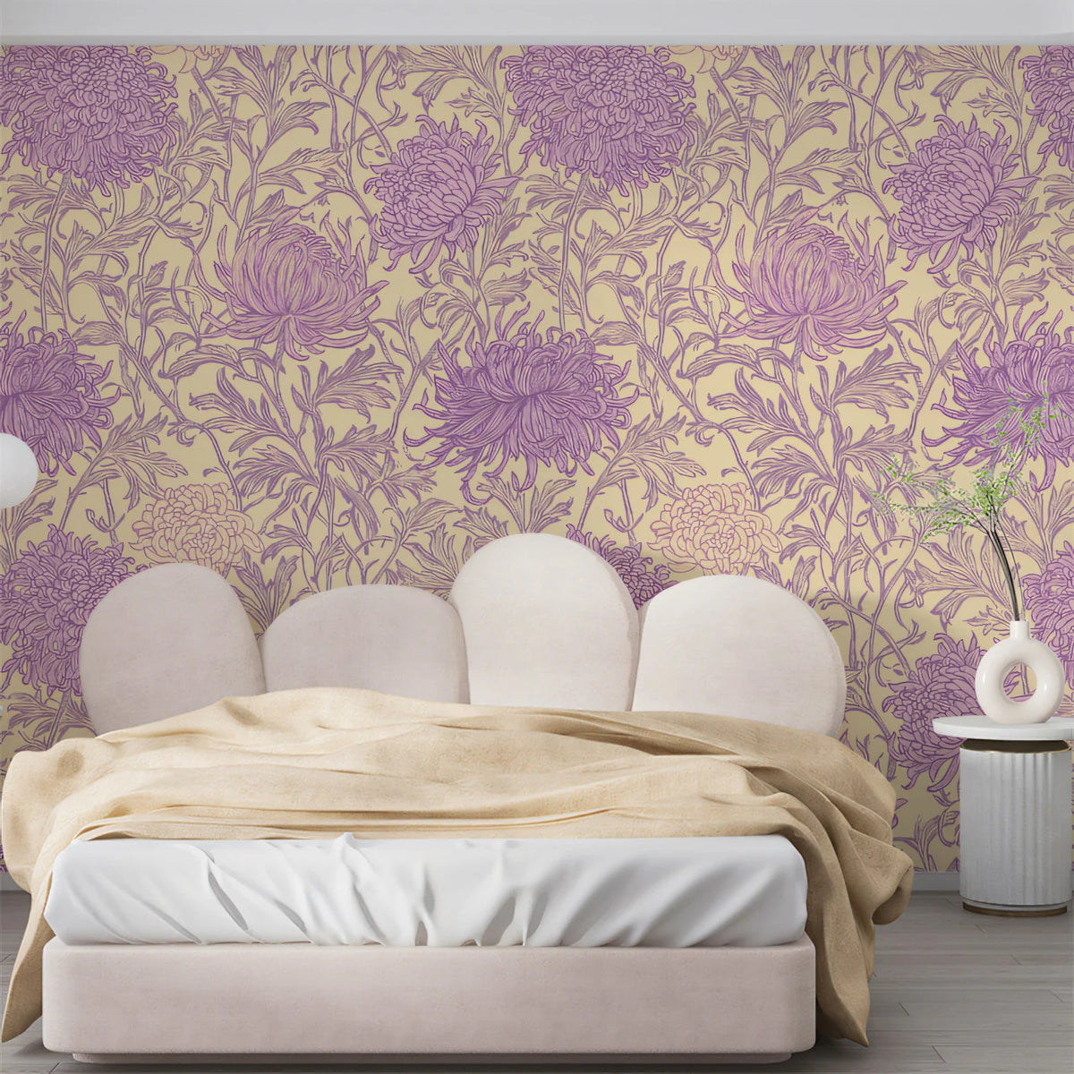Vintage Purple Chrysanthemum Mural Wallpaper — Traditional Floral Mural Wallpaper - room preview 02