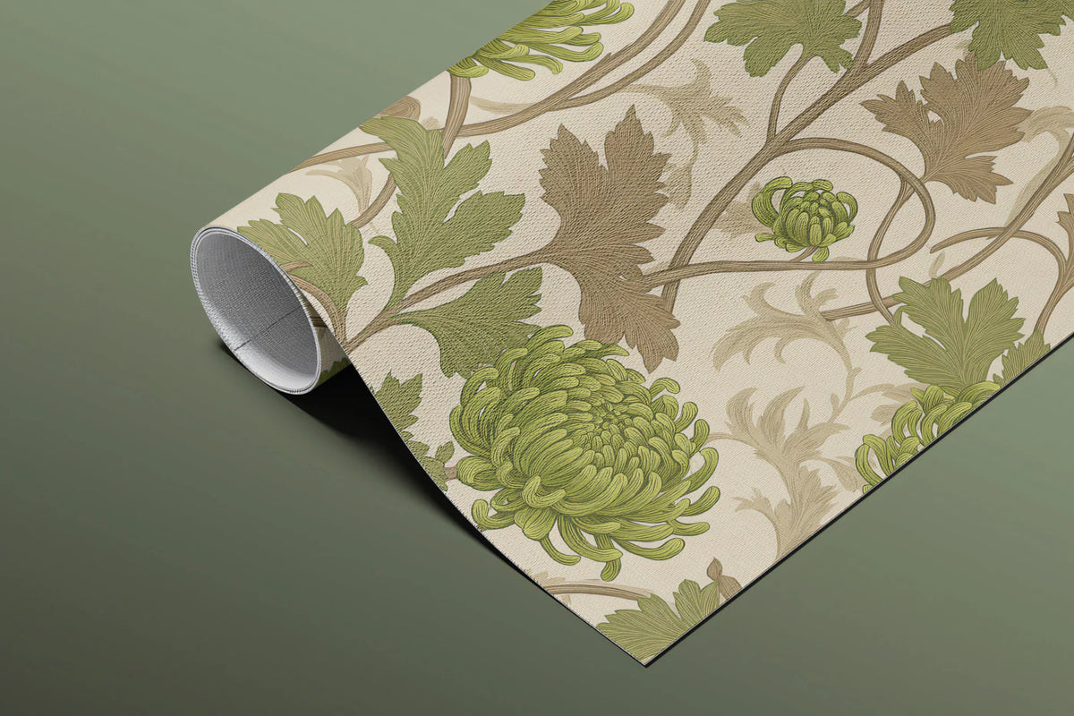 Olive Chrysanthemum Botanical Mural Wallpaper — Heritage Floral Mural Wallpaper - room preview 02