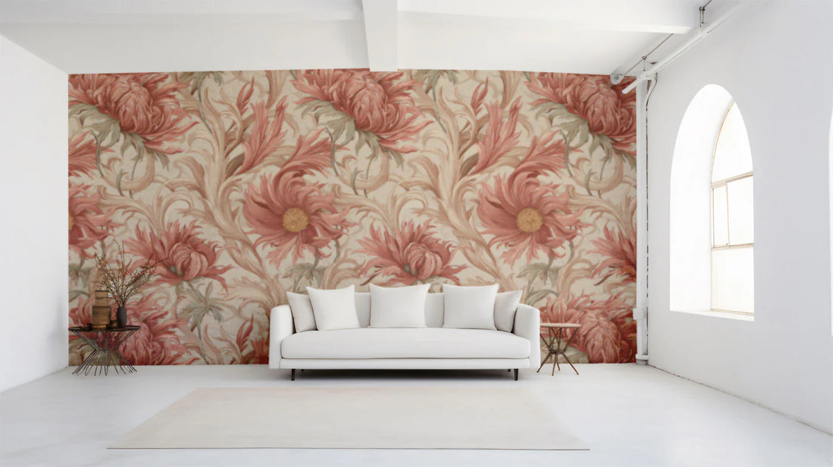 Terracotta Peony Botanical Mural Wallpaper — Ornate Floral Art Mural Wallpaper - room preview 02