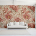 Terracotta Peony Botanical Mural Wallpaper — Ornate Floral Art Mural Wallpaper - room preview 02
