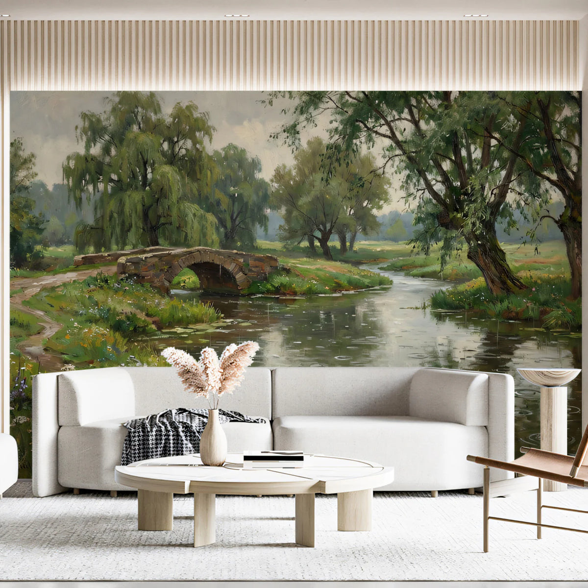 Riverside Stone Bridge Mural Wallpaper — Impressionist Oil Painting Mural Wallpaper - room preview 02