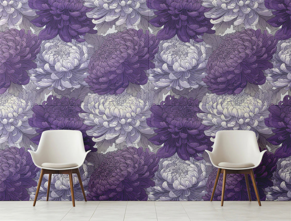 Deep Violet Chrysanthemum Mural Wallpaper — Botanical Art Mural Wallpaper - room preview 02