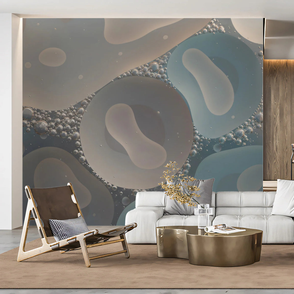 Macro Fluid Bubble Mural Wallpaper — Soft Earth Tone Fluid Art Mural Wallpaper - room preview 02