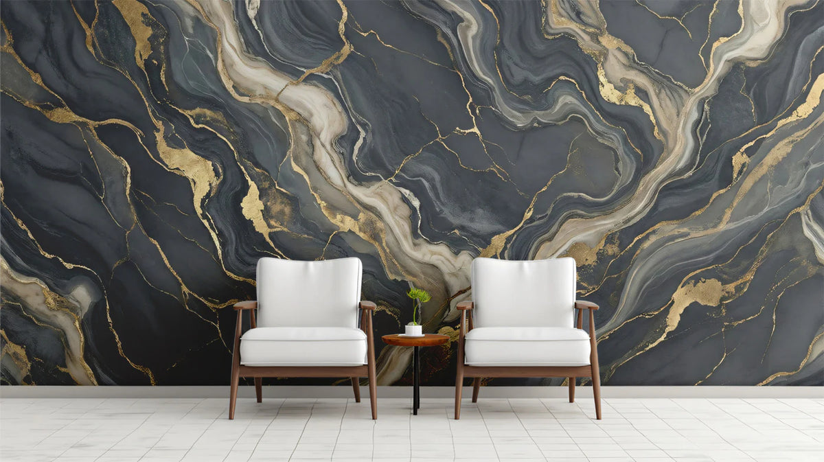 Dark Marble Mural Wallpaper with Liquid Gold Veins Mural Wallpaper - room preview 02