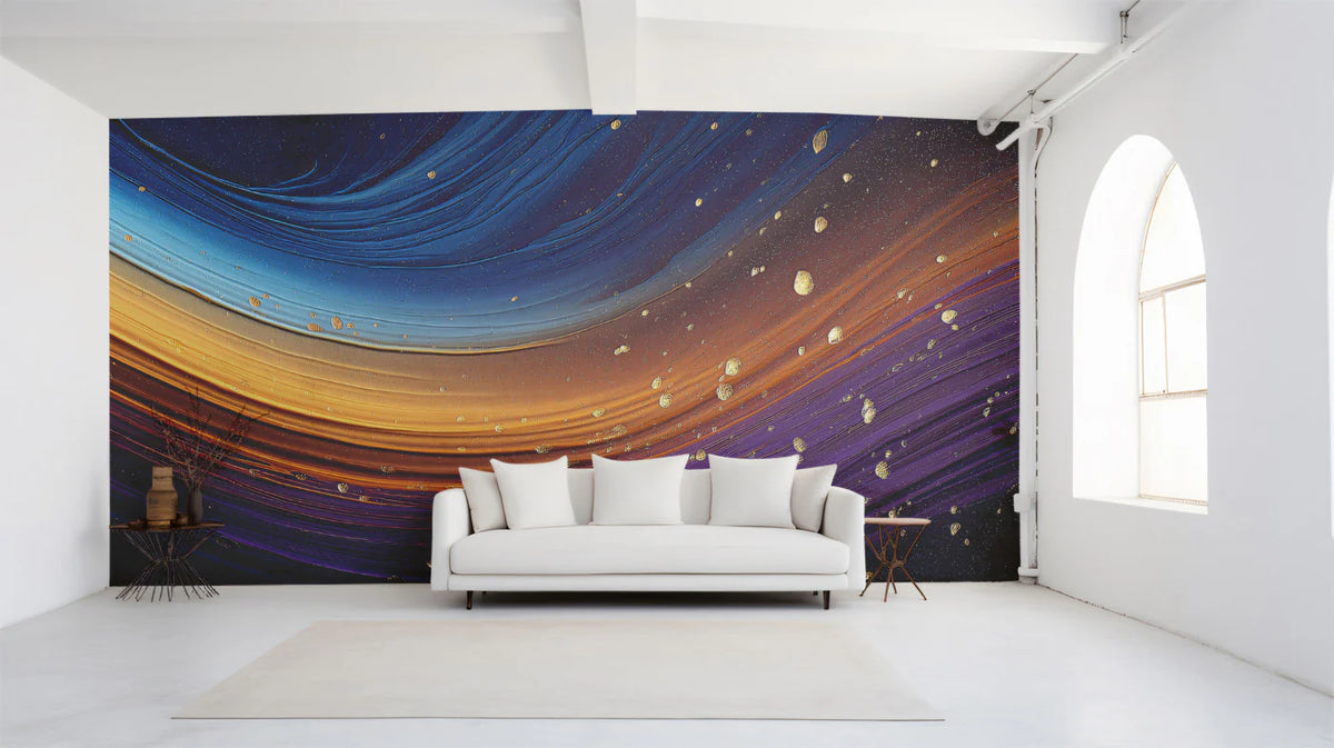 Fluid Wave Mural Wallpaper with Golden Accents and Rich Tones Mural Wallpaper - room preview 02