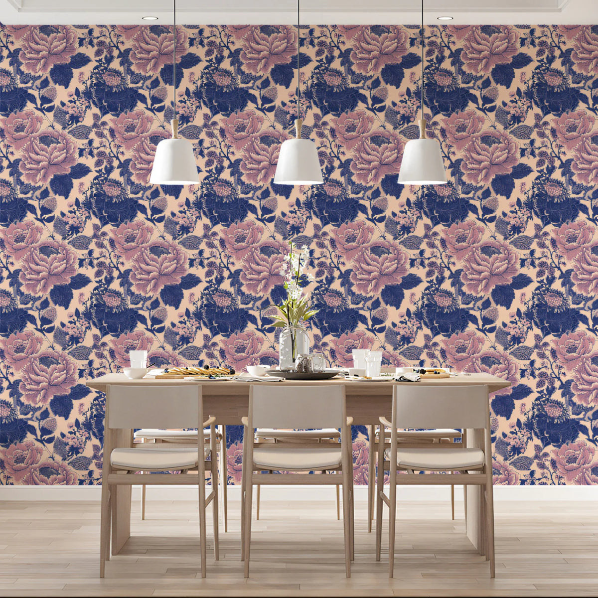 Vintage Rose Garden Mural Wallpaper — Muted Navy and Dusty Pink Mural Wallpaper - room preview 02