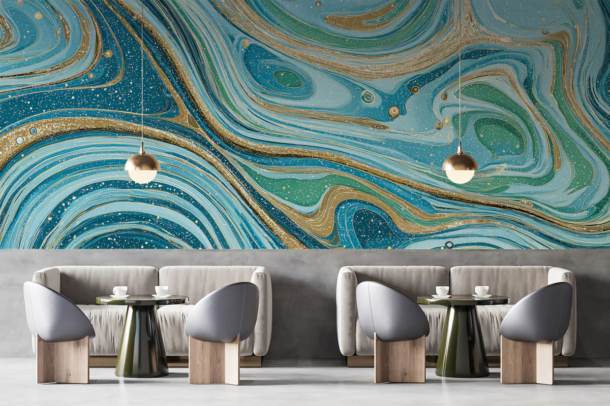 Fluid Marble Swirl Mural Wallpaper in Teal and Gold Mural Wallpaper - room preview 02