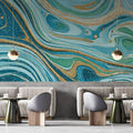 Fluid Marble Swirl Mural Wallpaper in Teal and Gold Mural Wallpaper - room preview 02