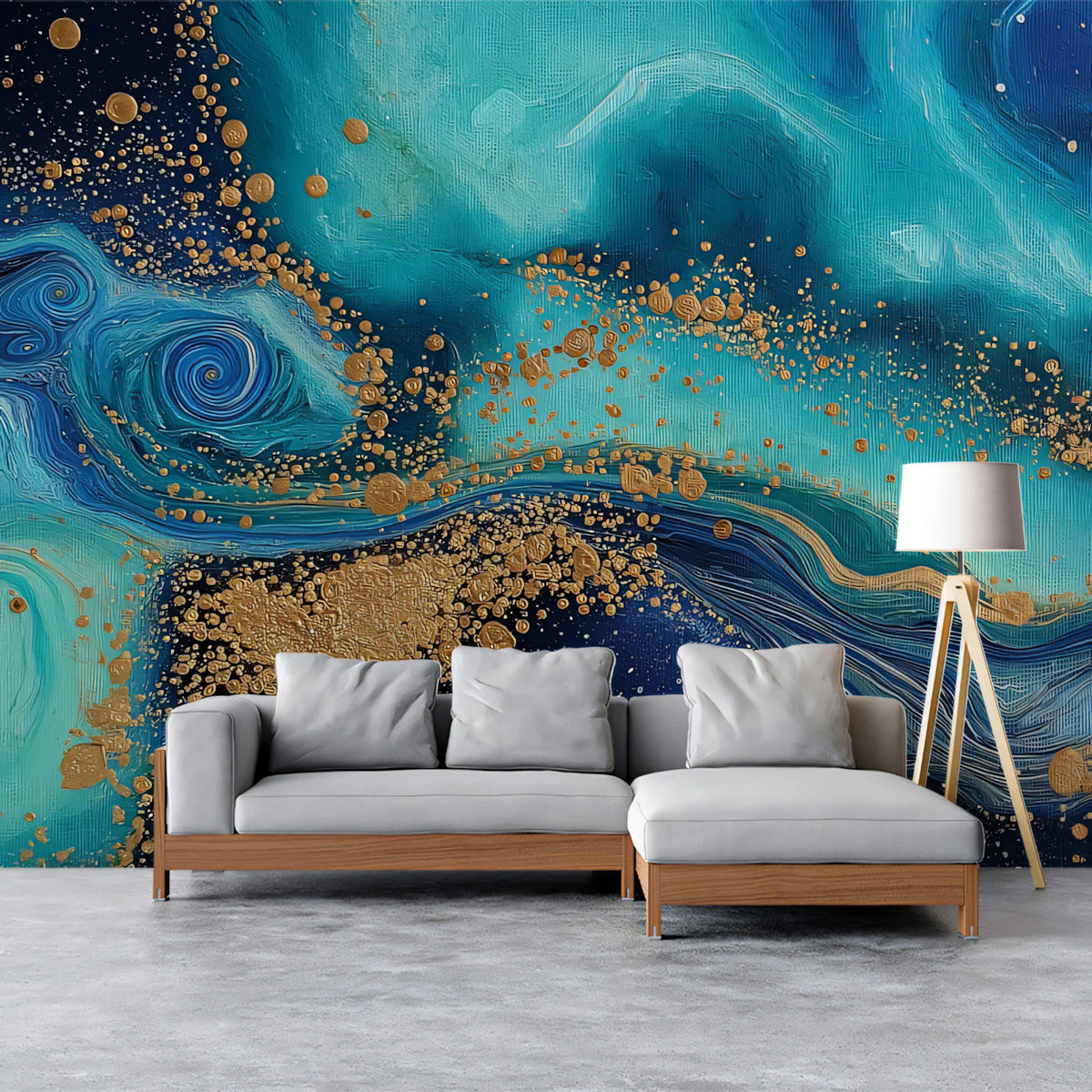 Cosmic Nebula Mural Wallpaper — Fluid Teal and Gold Swirls Mural Wallpaper - room preview 02