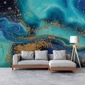 Cosmic Nebula Mural Wallpaper — Fluid Teal and Gold Swirls Mural Wallpaper - room preview 02