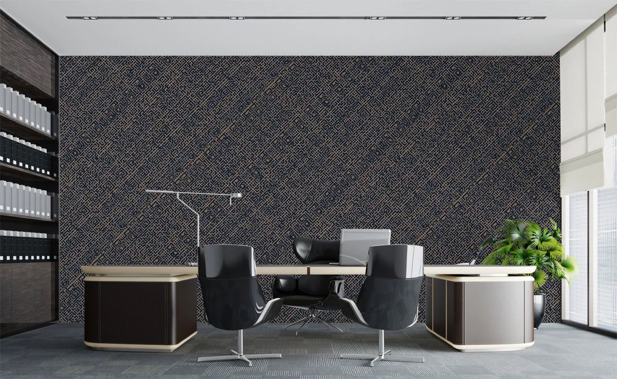 Intricate Navy Labyrinth Mural Wallpaper — Modern Architectural Style Mural Wallpaper - room preview 02