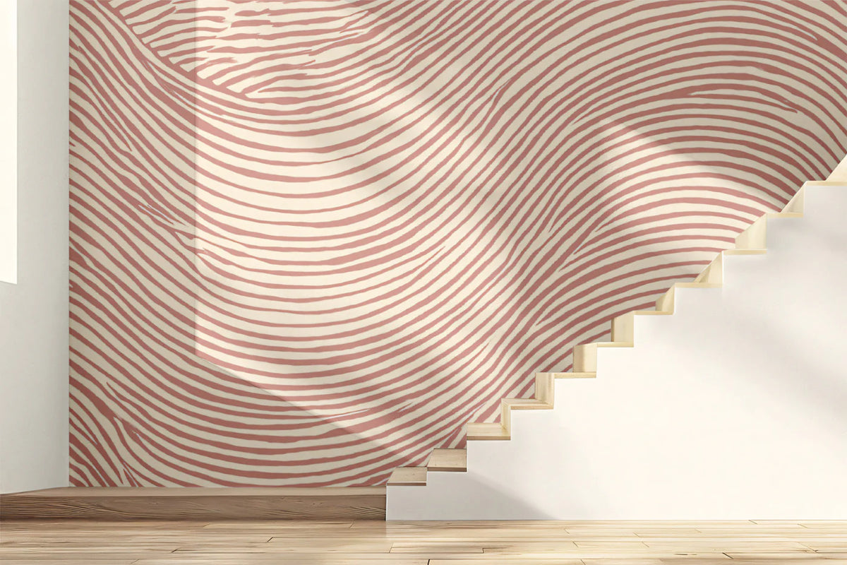 Organic Wave Line Mural Wallpaper — Dusty Rose and Cream Mural Wallpaper - room preview 02