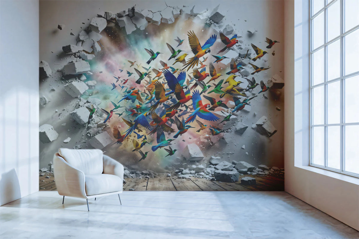 Hummingbird Burst Mural Wallpaper — Vibrant 3D Illusion Design Mural Wallpaper - room preview 02